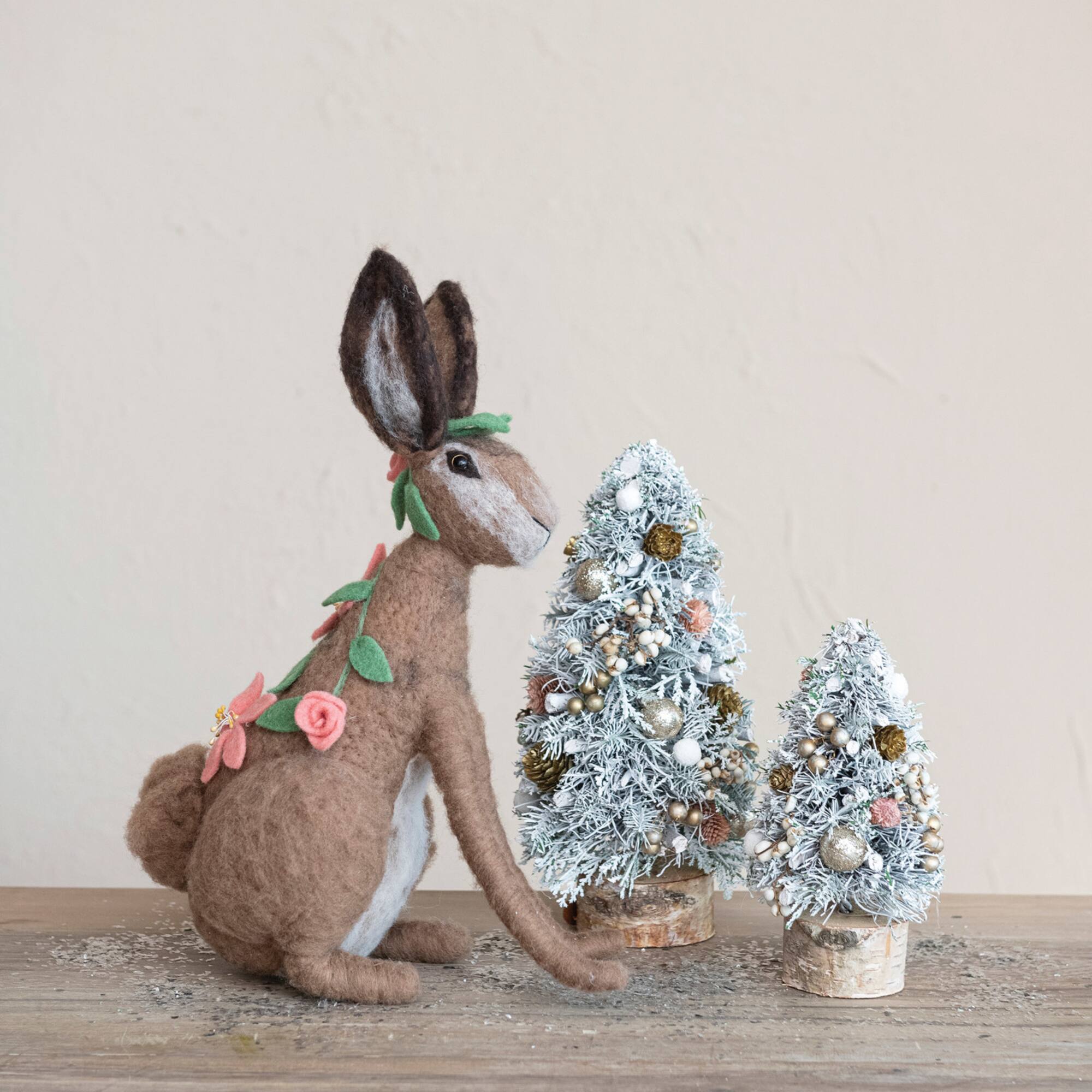 Hello Honey® 9" Frosted Ornaments, Pinecones & Glitter Christmas Tree with Wood Slice Base